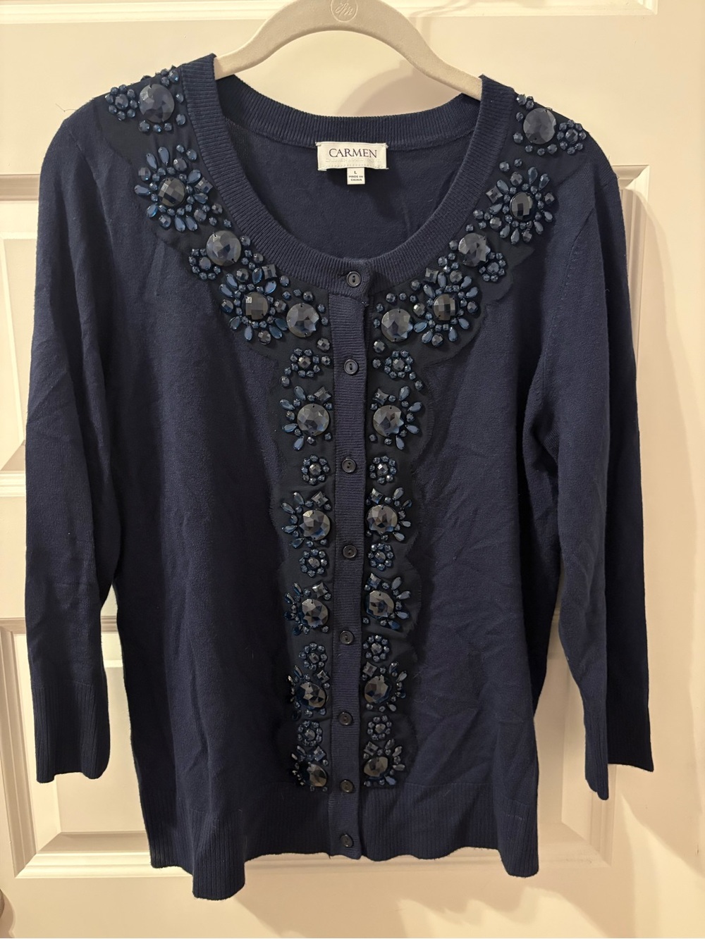 Carmen Navy Embellished Button-Front Cardigan